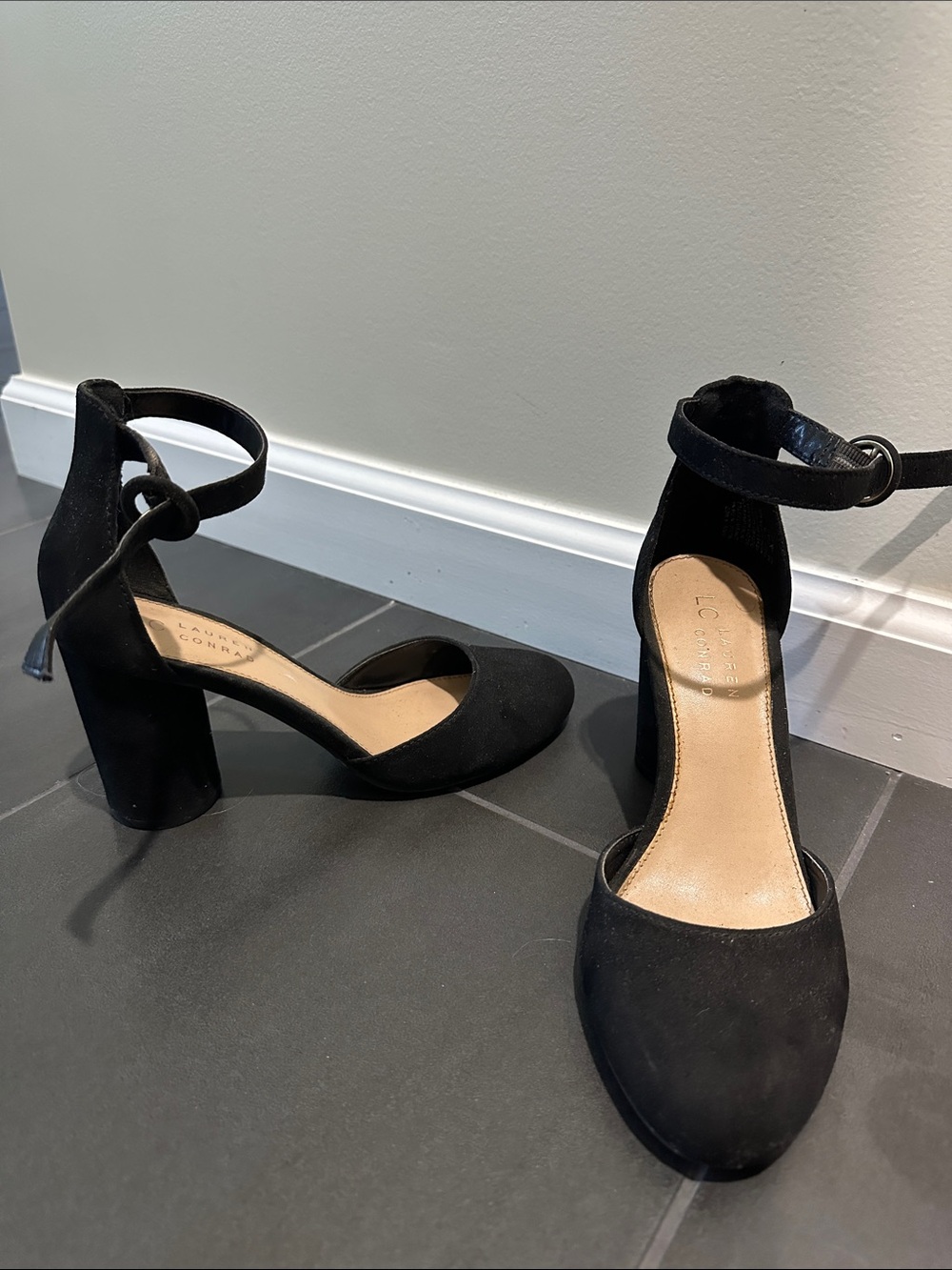 LC Lauren Conrad Black Suede Ankle-Strap Block Heels